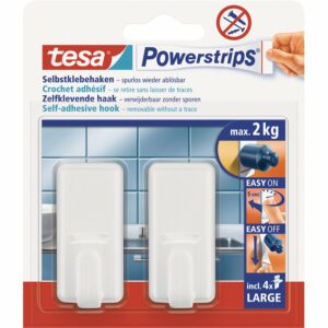 Tesa Selbstklebehaken Weiß eckig 2 Stück mit 4 x Powerstrips Large