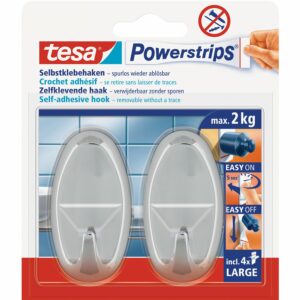 Tesa Selbstklebehaken Chrom glänzend oval 2 Stück mit 4 x Powerstrips Large