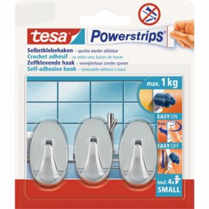 Tesa Selbstklebehaken Chrom glänzend oval 3 Stück mit 4 x Powerstrips Small