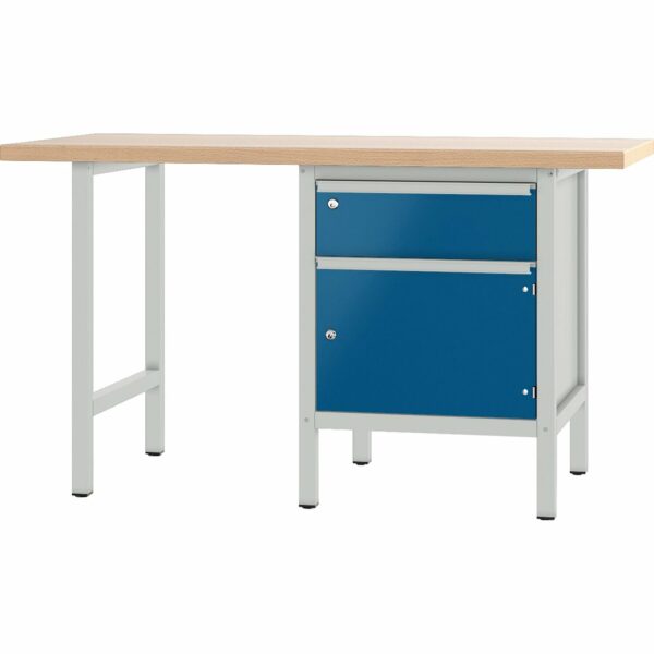 Pador Werkbank Baureihe 1 -  1 Schublade 1 Tür 150 cm Lichtgrau-Enzianblau