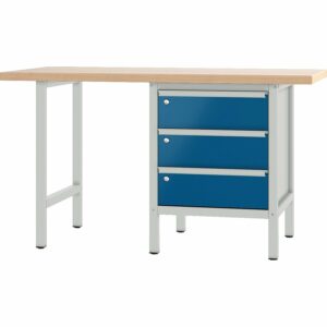 Pador Werkbank Baureihe 1 -  3 Schubladen 150 cm Lichtgrau-Enzianblau