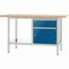 Pador Werkbank Baureihe 2 -  1 Schublade 1 Tür 150 cm Lichtgrau-Enzianblau