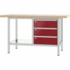 Pador Werkbank Baureihe 2 -  3 Schubladen 150 cm Lichtgrau-Rubinrot