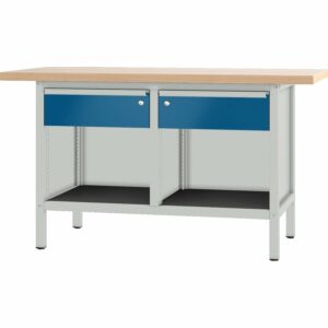 Pador Werkbank Baureihe 2 -  2 Schubladen 150 cm Lichtgrau-Enzianblau