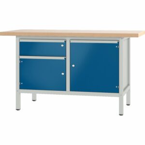 Pador Werkbank Baureihe 2 -  1 Schublade 2 Türen 150 cm Lichtgrau-Enzianblau