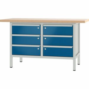 Pador Werkbank Baureihe 2 -  6 Schubladen 150 cm Lichtgrau-Enzianblau