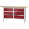 Pador Werkbank Baureihe 2 -  6 Schubladen 150 cm Lichtgrau-Rubinrot