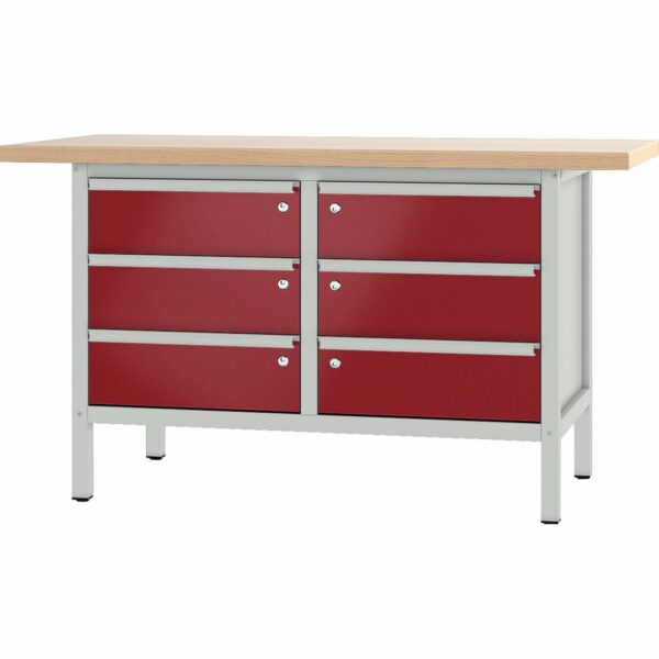 Pador Werkbank Baureihe 2 -  6 Schubladen 150 cm Lichtgrau-Rubinrot