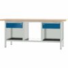 Pador Werkbank Baureihe 3 -  2 Schubladen 200 cm Lichtgrau-Enzianblau