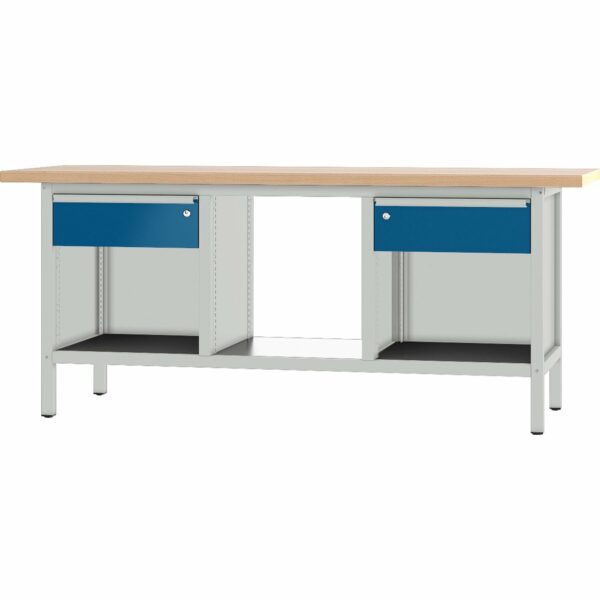 Pador Werkbank Baureihe 3 -  2 Schubladen 200 cm Lichtgrau-Enzianblau