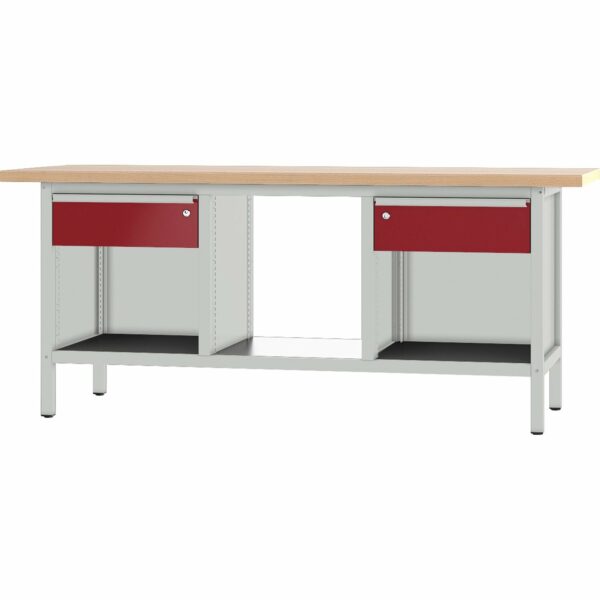 Pador Werkbank Baureihe 3 -  2 Schubladen 200 cm Lichtgrau-Rubinrot