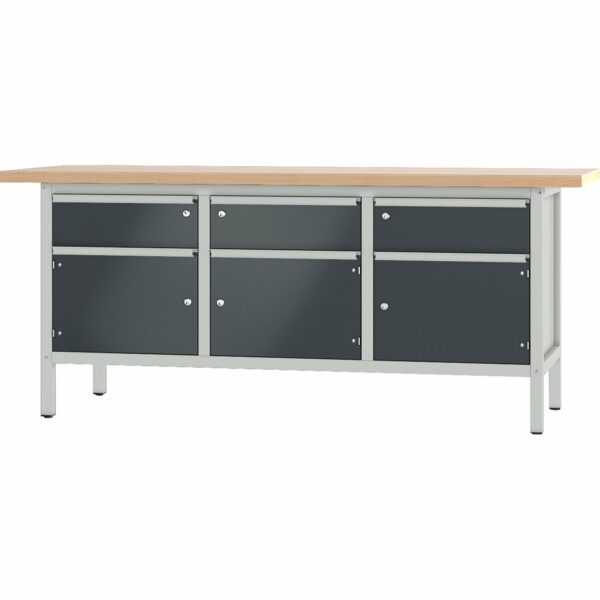 Pador Werkbank Baureihe 3 -  3 Schubladen 3 Türen 200 cm Lichtgrau-Anthrazitgrau