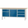 Pador Werkbank Baureihe 3 -  4 Schubladen 2 Türen 200 cm Lichtgrau-Enzianblau