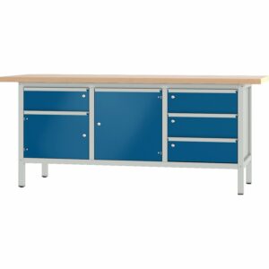 Pador Werkbank Baureihe 3 -  4 Schubladen 2 Türen 200 cm Lichtgrau-Enzianblau