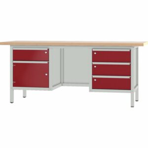 Pador Werkbank Baureihe 3 -  4 Schubladen 1 Tür 200 cm Lichtgrau-Rubinrot