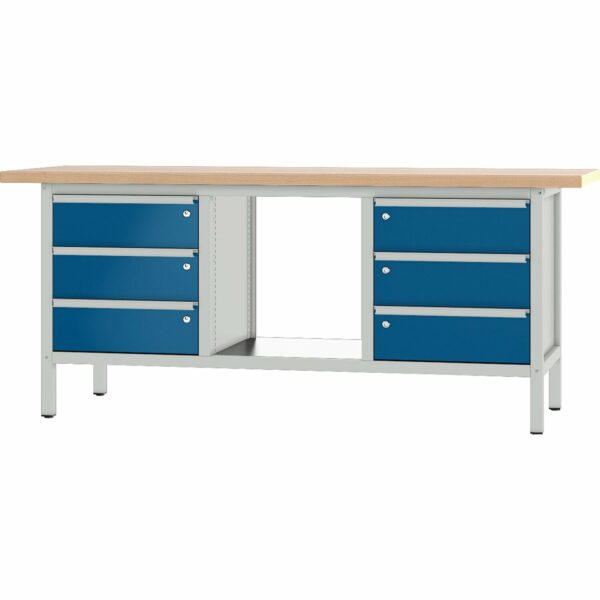 Pador Werkbank Baureihe 3 -  6 Schubladen 200 cm Lichtgrau-Enzianblau