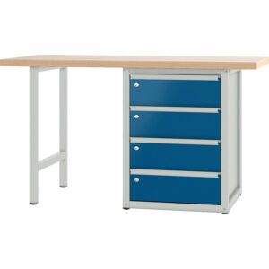 Pador Werkbank Baureihe 4 -  4 Schubladen 150 cm Lichtgrau-Enzianblau