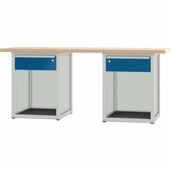 Pador Werkbank Baureihe 4 -  2 Schubladen 200 cm Lichtgrau-Enzianblau