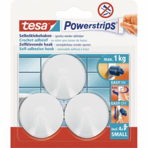 Tesa Selbstklebehaken Weiß rund 3 Stück mit 4 x Powerstrips Large