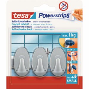 Tesa Selbstklebehaken Chrom matt oval 3 Stück mit 4 x Powerstrips Small