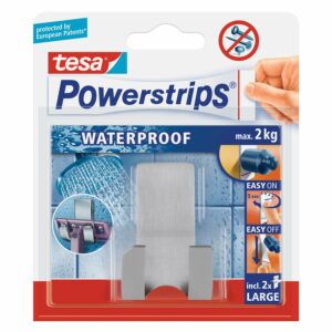 Tesa Waterproof Doppelhaken schmal Edelstahl mit 2 x Powerstrips Large