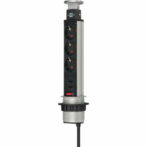 Brennenstuhl Steckdosenleiste Tower Power 3-fach versenkbar USB Alu/Schwarz 2 m