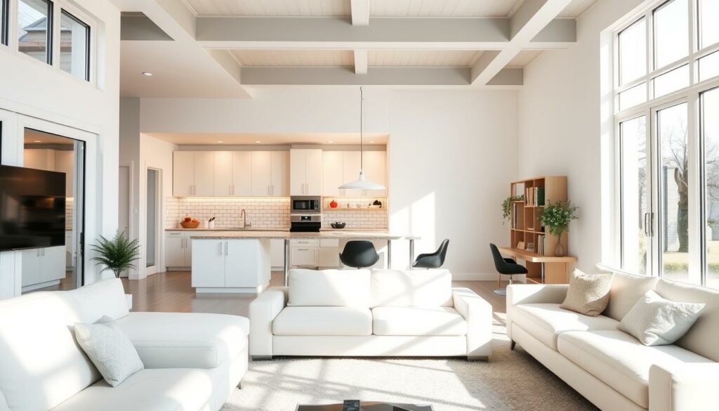 A bright, modern interior showcasing the benefits of home renovation. In the foreground, a cozy living room with large windows, allowing natural light to flood the space. Sleek, minimalist furnishings in shades of white and gray create a sense of openness and calm. In the middle ground, a kitchen with gleaming, stainless-steel appliances and clean, linear cabinets. The backsplash features a contemporary tile pattern, adding visual interest. In the background, a home office area with a desk, chair, and shelving unit, demonstrating the versatility of a renovated space. Warm, diffused lighting from overhead fixtures casts a welcoming glow throughout the scene. The overall atmosphere conveys a sense of comfort, efficiency, and increased functionality - the long-term benefits of a successful home renovation.