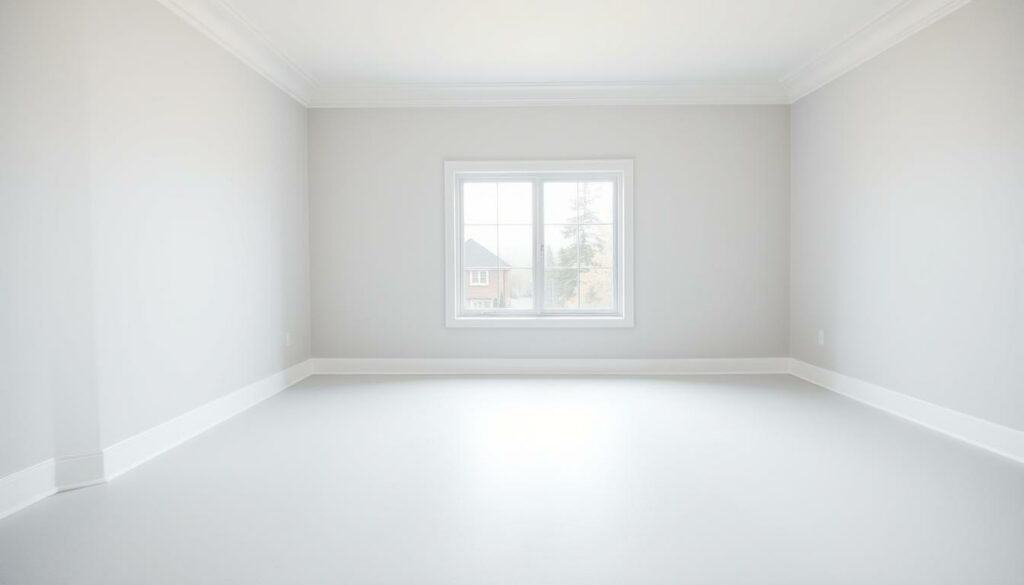 A clean, well-lit interior space with a bright, airy atmosphere. In the foreground, a smooth, evenly applied layer of pale gray primer paint covers the wall surface, creating a uniform base for the final topcoat. The primer has a subtle sheen, reflecting the soft, diffused natural light streaming in from a large window in the middle ground. In the background, a simple white ceiling and baseboard trim frame the primed wall, creating a minimalist, uncluttered aesthetic. The overall scene conveys a sense of preparation, readiness, and the promise of a beautifully transformed space to come.