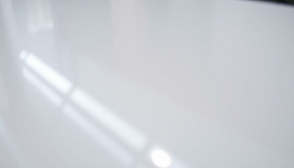 A close-up shot of a glossy, transparent Klarlackversiegelung (clear lacquer seal) coating a smooth, flawless polymer surface. The lacquer gleams under bright, diffused lighting, creating subtle reflections and refractions that highlight the depth and clarity of the finish. The background is slightly out of focus, allowing the lustrous, mirror-like coating to be the central focus of the image. The overall mood is one of precision, elegance, and attention to detail, exemplifying the care and craftsmanship required to achieve a high-quality, long-lasting painted polymer surface.