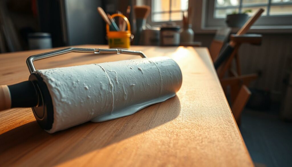 A close-up view of a paint roller applying a thick, even layer of white primer onto a smooth, wooden surface. The primer glistens under the warm, natural light filtering in through a nearby window, casting gentle shadows that accentuate the texture of the wood grain. In the background, a collection of paint cans and brushes sit neatly organized, hinting at the preparatory work required for a professional-grade facade paint job. The scene conveys a sense of focus, precision, and the methodical care needed to create the optimal foundation for a lasting, high-quality exterior paint finish.