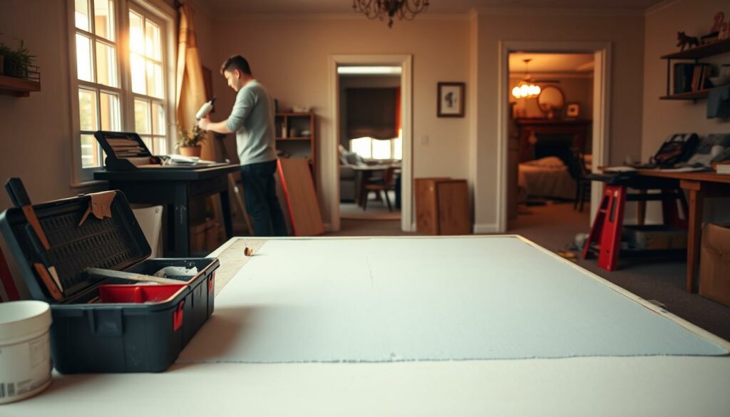 A cozy home interior with a warm, natural light filtering through the windows. In the foreground, a person is carefully applying paint to a wall, using a roller and tray. Nearby, a toolbox and various renovation supplies are neatly organized on a workbench. The middle ground features a partially completed project, such as a freshly sanded and prepped surface, ready for the next stage of the process. In the background, glimpses of other rooms or areas undergoing similar DIY renovations can be seen, creating a sense of a larger home transformation. The overall mood is one of focused, determined productivity, with a touch of pride and satisfaction in the DIY process.