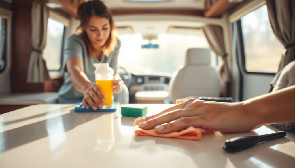 A cozy interior scene showcasing tips for maintaining a freshly painted RV. In the foreground, a woman wipes down a clean, gleaming surface with a microfiber cloth, highlighting the importance of regular cleaning. The middle ground features neatly organized cleaning supplies - a bottle of mild detergent, a sponge, and a squeegee - hinting at the proper techniques for preserving the paint's luster. The background depicts a well-lit, sun-dappled RV interior, conveying a serene, relaxed atmosphere. Soft, diffused lighting casts a warm glow, emphasizing the meticulous care required to maintain the pristine finish. An inviting, minimalist design sensibility pervades the scene, complementing the article's focus on thoughtful color selection and diligent post-painting upkeep.