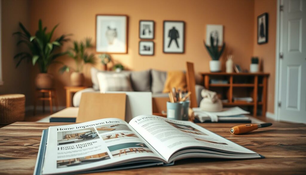 A cozy, well-lit home interior with a focus on renovation tips and ideas. In the foreground, an open book or magazine rests on a wooden table, showcasing home improvement projects and DIY guides. In the middle ground, various tools and materials like paintbrushes, sandpaper, and tile samples are arranged neatly, suggesting an ongoing renovation process. The background features warm, neutral-toned walls accented by framed artwork and decorative plants, creating a inviting, inspirational atmosphere. Soft, diffused lighting casts a gentle glow throughout the scene, highlighting the textures and details. The overall composition conveys a sense of organization, creativity, and a successful home renovation project in progress.