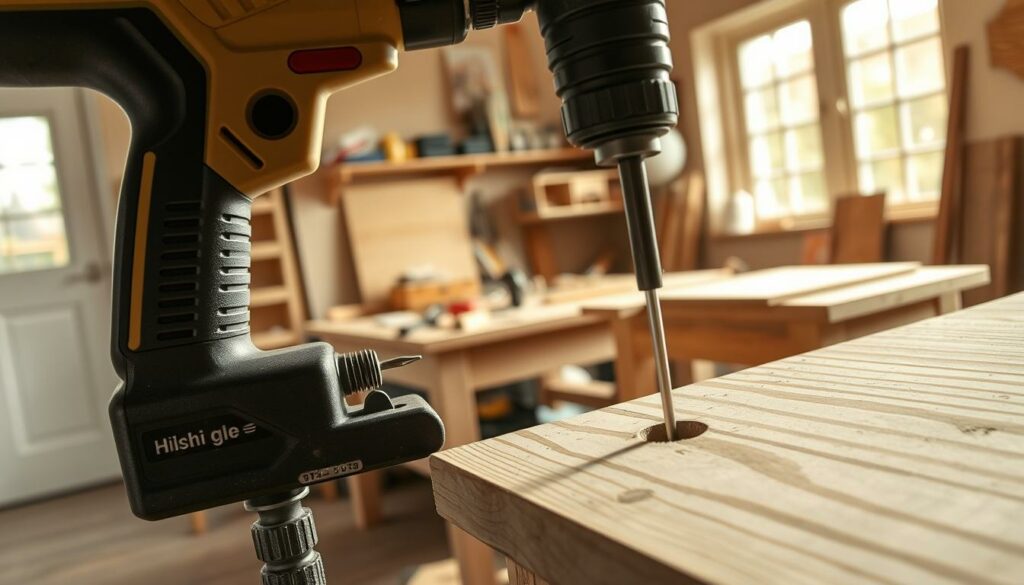 A detailed and realistic depiction of "Winkelbohrungen" for a woodworking project. The foreground showcases the intricate angled drilling technique, with a high-quality electric drill precisely aligning at a sharp angle to create a precise hole. The middle ground features a tidy workbench with a variety of tools and materials, suggesting a well-equipped workshop. The background subtly hints at the broader context, with natural lighting filtering through large windows, casting a warm, focused atmosphere. The scene conveys a sense of skilled craftsmanship and technical proficiency required for this specialized drilling method.