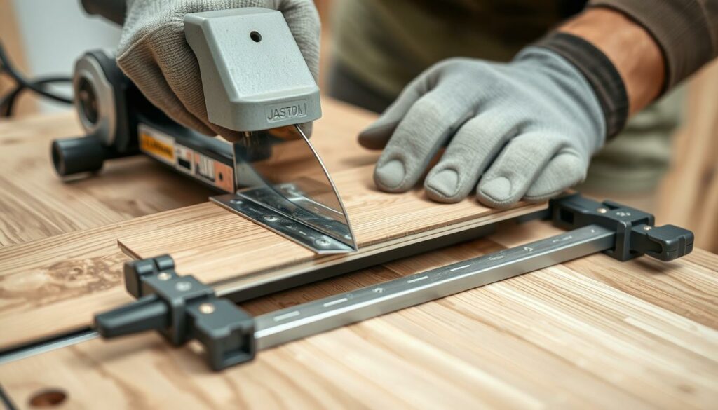 A detailed, well-lit close-up shot of a person's hands carefully cutting a piece of laminate flooring with a specialized laminate saw. The saw's precision blade effortlessly slices through the laminate, leaving a clean, straight edge. The person is wearing protective work gloves, and the laminate piece is securely clamped to a workbench, ensuring a steady, controlled cut. The background is blurred, keeping the focus on the intricate cutting technique. The lighting is bright and diffused, highlighting the textures of the laminate and the saw's metallic components. The overall scene conveys a sense of skilled craftsmanship and attention to detail in the laminate flooring installation process.