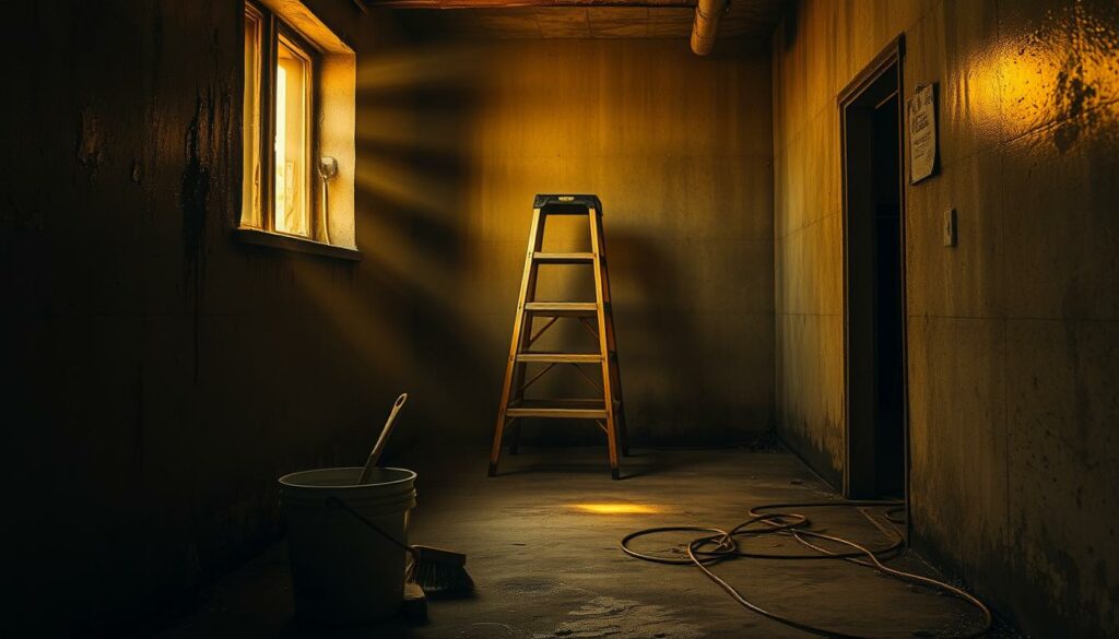 A dimly lit corner of a damp basement, the concrete walls glistening with moisture. In the foreground, a bucket and scrub brush sit ready to tackle the mold and mildew creeping up the surface. Rays of warm, golden light pierce through narrow windows, casting a somber, atmospheric glow. The air feels heavy with the musty scent of decay, yet a sense of purpose prevails. In the middle ground, a step ladder stands poised, hinting at the necessary repairs to come. The background fades into shadowy uncertainty, a reminder of the hidden challenges that lie ahead in restoring these troubled walls.