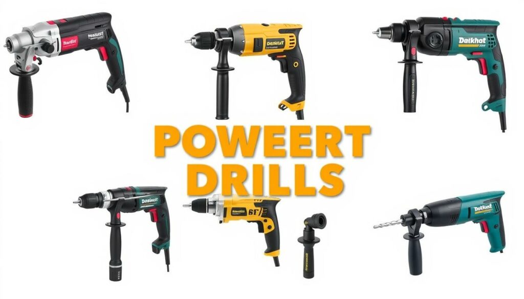 A high-quality comparison of the top power drill brands on the German market, showcasing their distinctive designs, features, and performance capabilities. Set against a clean, minimalist background, with the drills arranged in a visually appealing grid layout, allowing for easy side-by-side evaluation. Captured under soft, directional lighting that accentuates the textures and contours of the tools. The image should convey a sense of professionalism and technical expertise, suitable for an authoritative guide on the best concrete drills.