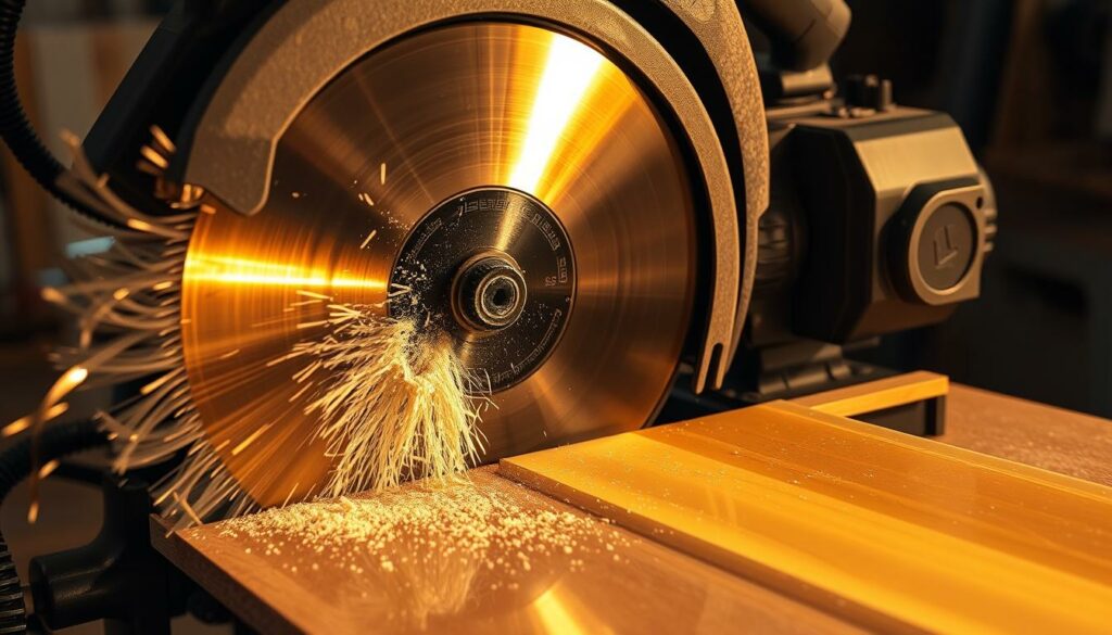 A large, high-powered circular saw cutting through a thick slab of translucent plastic. The blade spins rapidly, throwing off fine plastic shavings as it effortlessly slices through the material. The saw is mounted on a sturdy workbench, its powerful motor clearly visible. Warm, directional lighting highlights the smooth, glossy surface of the plastic, creating dramatic shadows and highlights. The scene conveys a sense of industrial efficiency and precision, reflecting the effectiveness of a circular saw for larger plastic projects.