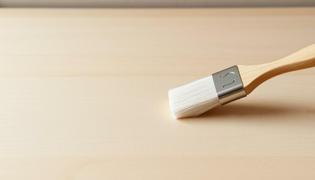 A pristine, freshly sanded wood surface, gleaming under soft, diffuse lighting. The edges are carefully smoothed, creating a seamless, flawless appearance. In the foreground, a high-quality finish sealing product is being meticulously applied with a foam brush, leaving a thin, even coat that slowly dries to a satin sheen. The background features a subtly textured, neutral-toned surface, providing a clean, minimalist context to highlight the craftsmanship of the work. The overall mood is one of precision, attention to detail, and the satisfaction of a job well done.