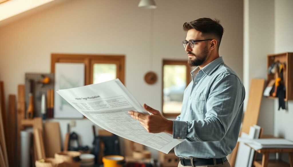 A professional construction worker stands in a well-lit, modern interior, examining blueprints and planning a home renovation project. In the background, various tools and materials are neatly organized, suggesting a high level of expertise and attention to detail. The worker's attire is clean and practical, conveying a sense of professionalism. The lighting is soft and natural, casting a warm glow over the scene and creating a sense of comfort and confidence. The composition emphasizes the worker's focus and concentration, communicating the idea of reliable, skilled assistance with home renovations.