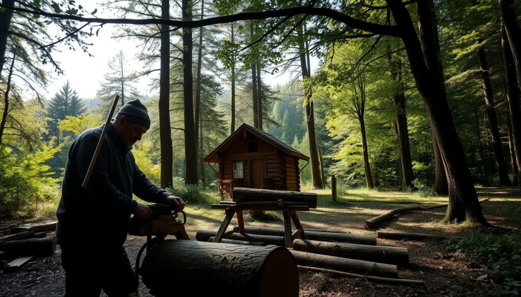 A secluded forested clearing on a peaceful Sunday morning, sunlight filtering through the canopy. In the foreground, a hardworking individual is diligently sawing logs, their brow furrowed with determination. The middle ground features a modest wooden cabin, a testament to the personal sacrifices made to support a livelihood. In the background, the lush, verdant landscape conveys a sense of tranquility, yet the act of toiling on a day of rest disrupts the serenity. The scene evokes a somber, introspective mood, highlighting the complex considerations surrounding the necessity of "Sonntagsarbeit" in the face of economic pressures and personal circumstances.