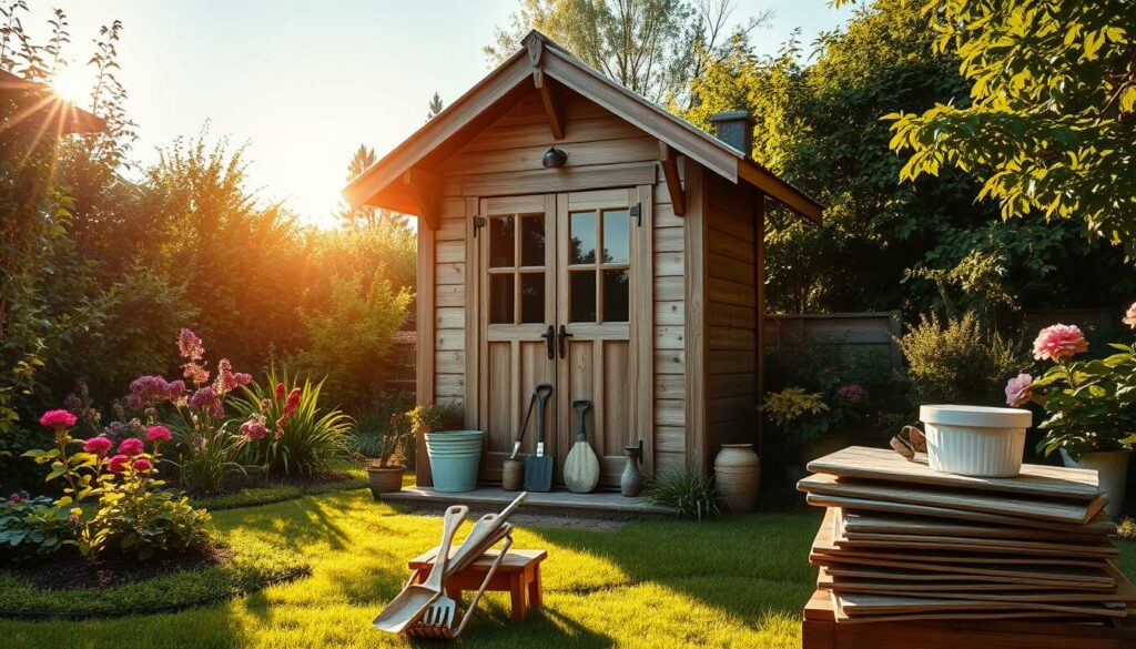 A serene garden scene with a quaint wooden Gartenhaus taking center stage. The structure stands in a lush, well-manicured backyard, its weathered boards and rustic charm evoking a sense of timeless tranquility. The sun's gentle rays filter through the surrounding foliage, casting a warm glow on the scene. In the foreground, neatly stacked gardening tools and supplies suggest the Gartenhaus is being prepared for a fresh coat of paint, its transformation about to begin. The overall atmosphere is one of peaceful anticipation, reflecting the section's focus on the essential preparation before the painting process.