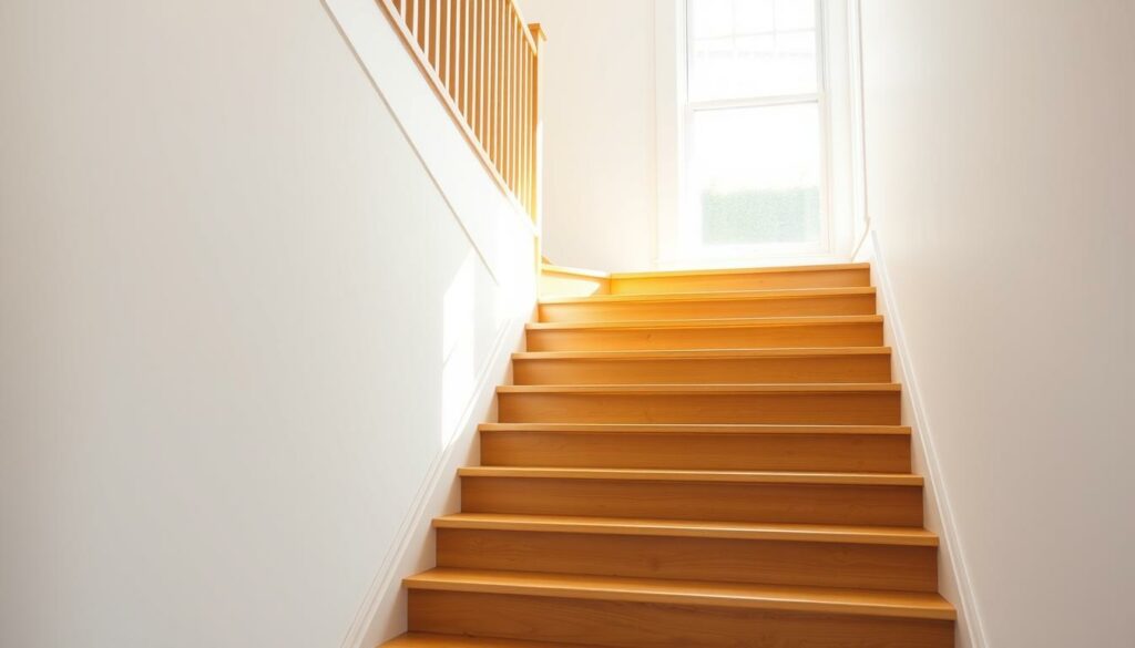 A set of wooden stairs in a bright, sunlit interior. The treads are freshly painted in a warm, neutral color, creating a clean, inviting look. The staircase is positioned against a plain, white wall, allowing the newly painted steps to be the focal point. Soft, natural lighting filters in from large windows, casting gentle shadows and highlighting the grain of the wood. The overall scene conveys a sense of order, cleanliness, and a well-executed home improvement project.