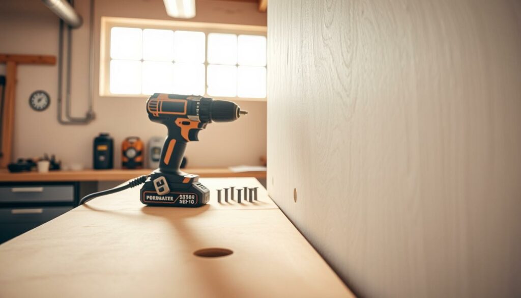 A spacious and well-lit workshop interior, with a professional-grade cordless drill mounted on a sturdy workbench. The drill's accessories and a selection of wall anchors are neatly arranged nearby. In the foreground, a close-up view of a smooth, unblemished section of drywall, inviting the viewer to imagine the perfect hole placement. The overall scene conveys a sense of precision, care, and attention to detail - the keys to avoiding wall damage when using power tools. Warm, natural lighting illuminates the space, creating a relaxed and inviting atmosphere for DIY projects.