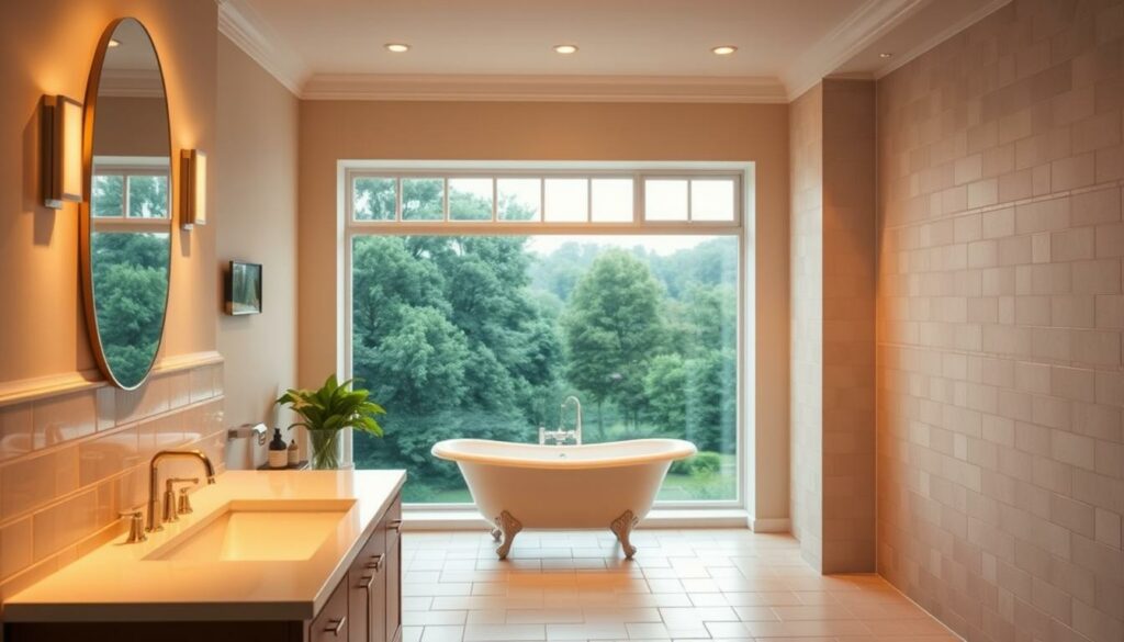 A spacious, well-lit bathroom interior with modern fixtures and tiled walls. The foreground features a sink and vanity unit, while the middle ground showcases a claw-foot bathtub. The background includes a large window overlooking a lush, verdant landscape, allowing natural light to flood the space. The overall atmosphere conveys a sense of cleanliness, tranquility, and timeless elegance, reflecting the attention to detail and high-quality materials required for a proper bathroom renovation. The lighting is warm and soft, creating a calming and inviting ambiance.