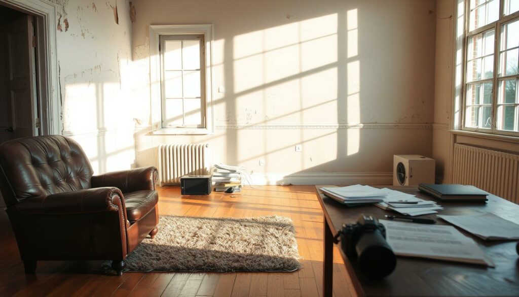 A sun-dappled room with aged hardwood floors and peeling paint on the walls. A worn leather armchair and a threadbare area rug in the foreground, hinting at the need for renovation. In the middle ground, a table with scattered documents and a digital camera, capturing the visual evidence of disrepair. The background features a large window, allowing natural light to stream in, casting long shadows that accentuate the room's deterioration. The overall mood is one of neglect and the need for diligent documentation to support a landlord's renovation obligations.