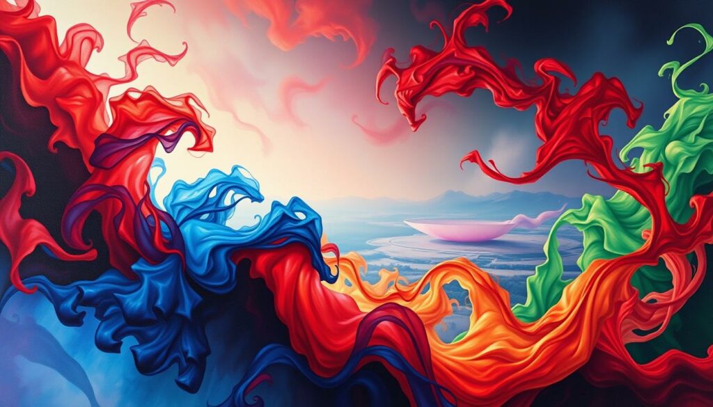 A vibrant, psychologically-charged scene depicting the emotional impact of color. In the foreground, a captivating arrangement of boldly contrasting hues - deep reds, vivid blues, and lush greens - swirling and interacting to evoke a sense of dynamic energy. The middle ground features a subtler palette of soft pastels and muted neutrals, creating a calming, introspective atmosphere. In the background, a ethereal, dreamlike landscape with hints of abstract shapes and patterns, symbolizing the subconscious realm of human emotion and perception. Dramatic, directional lighting casts dramatic shadows, heightening the emotive, almost theatrical quality of the scene. Rendered with a painterly, impressionistic aesthetic to enhance the subjective, psychological nature of the subject matter.