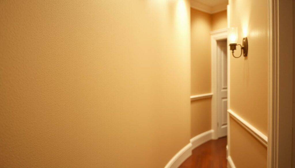 A warm, inviting hallway with a distinctive wall treatment. The foreground features a textured, sponge-painted effect in a soft, earthy tone, adding depth and visual interest to the surface. In the middle ground, a decorative molding or trim element runs horizontally, creating a subtle border and adding an elegant touch. The background showcases a complementary, muted color palette, setting a calming, serene atmosphere. Subtle lighting from sconces or recessed fixtures casts a gentle glow, accentuating the unique textures and details. The overall composition exudes a sense of sophistication and high-end craftsmanship, perfectly suited for a transitional or traditional interior design style.