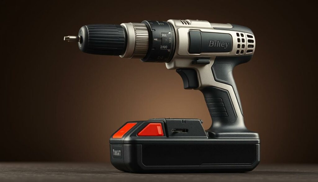 A well-equipped cordless power drill, its sleek metallic body gleaming under warm studio lighting. The battery pack snugly fitted, ready to deliver ample power for precise drilling and screwing tasks. The tool's ergonomic design and intuitive controls suggest effortless handling, making it an ideal choice for a variety of home improvement and DIY projects. The image conveys a sense of efficiency and reliable performance, hinting at the versatility of this compact, cordless power tool.