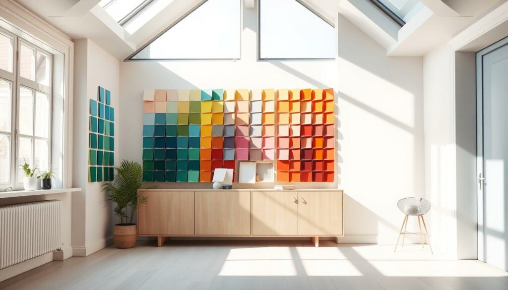 A well-lit and airy room, the walls adorned with a vibrant array of color samples. Swatches in various hues of blue, green, and warm neutrals are neatly displayed, inviting the viewer to imagine how each tone would transform the space. A neutral-toned bookshelf or cabinet serves as the backdrop, providing a clean and uncluttered setting for the color exploration. Natural light streams in through large windows, casting a soft, diffused glow that highlights the subtle nuances of the paint samples. The overall scene exudes a sense of calm and inspiration, capturing the essence of the "Tipps zur Auswahl der Wandfarbe" section.